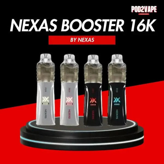 Nexas booster 16k พอตใช้แล้วทิ้ง มีระดับนิโคตินให้เลือกใช้งาน เครื่องโปร่งใสเห็นน้ำยา